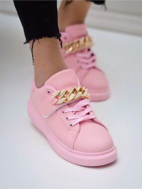 Pink Women's Fashion Sneakers with Gold Chain Detail